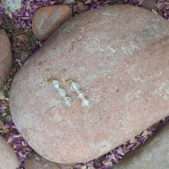 Handmade Iceflake Quartz Earrings On Gold Plated Brass Lever Hooks NWT - Picture 3 of 16